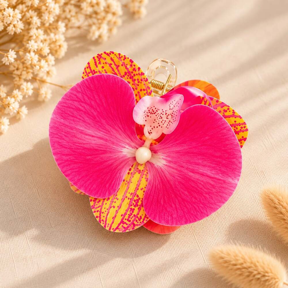 Tropical Orchid Oversized Hair Claw Clip Purple Floral Statement Accessory